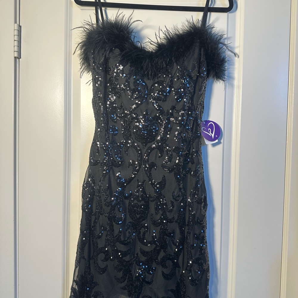 NWT Black Sequin Dress with Feather Trim